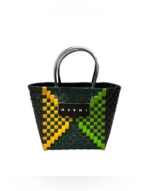 Marni Market Basket Bag Woven PVC Top Handle Tote Purse Green Yellow Designer